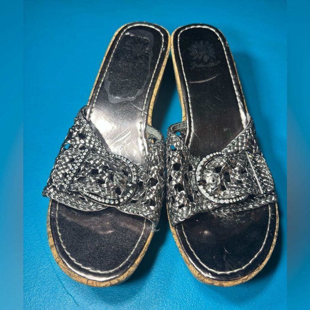 Women’s Black Metallic Slide Sandals with Decorative Buckle
